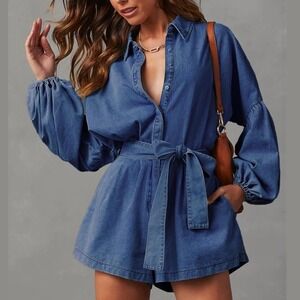 NWT Denim‎ Romper Belted Lantern Sleeve Jean Jumpsuit with Pockets – Small